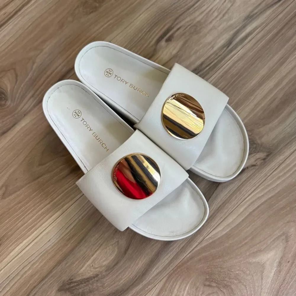 Tory Burch Patos Chunky White Napa Leather Gold Slides Size 9 1/2